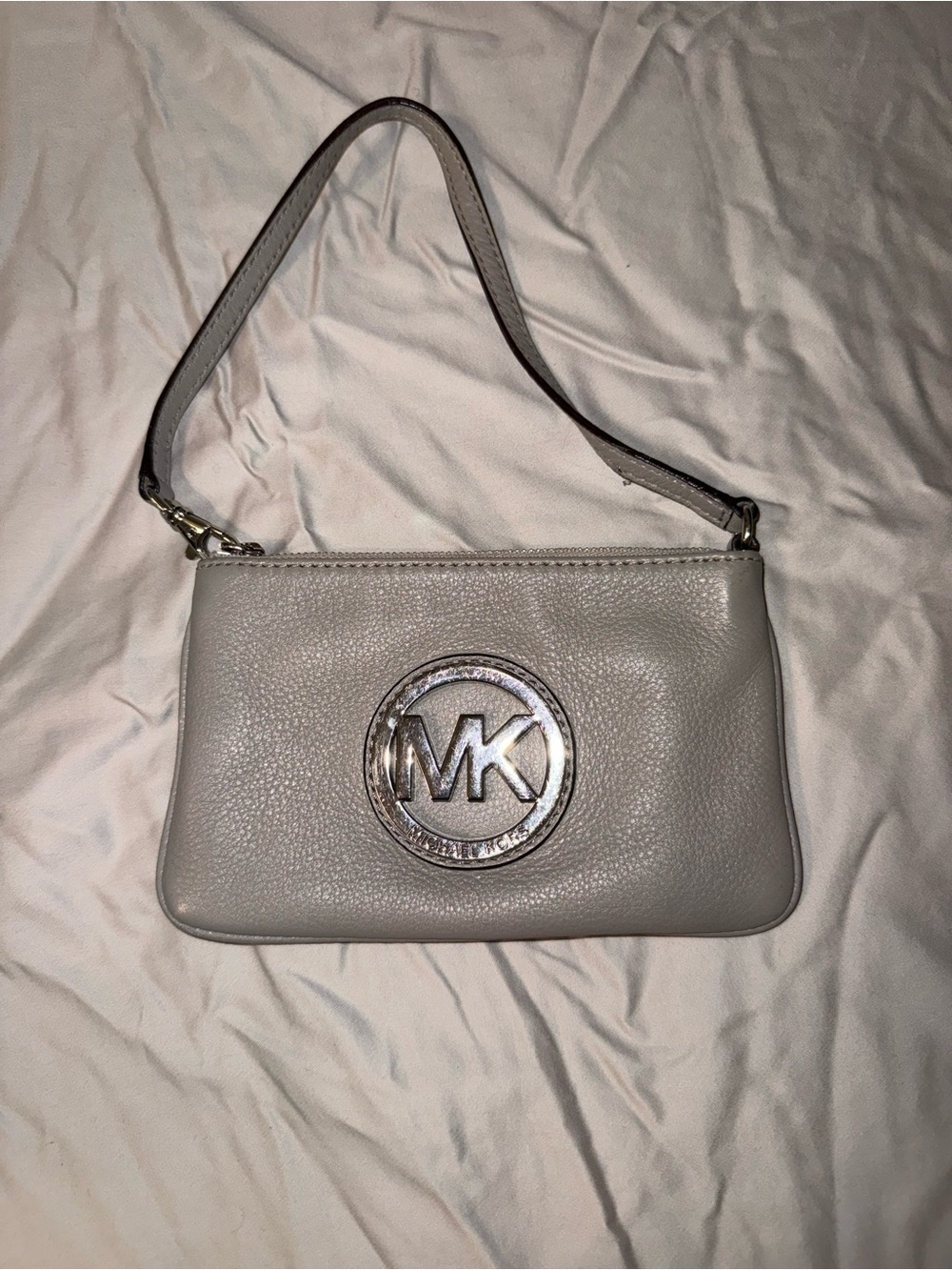 Michael Kors Light Gray Pebbled Leather Logo Wristlet